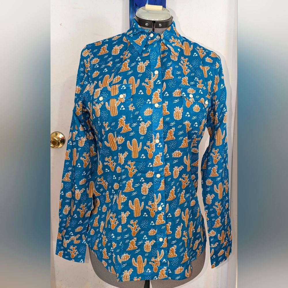 Tin Haul Teal and Mustard Cactus Blouse